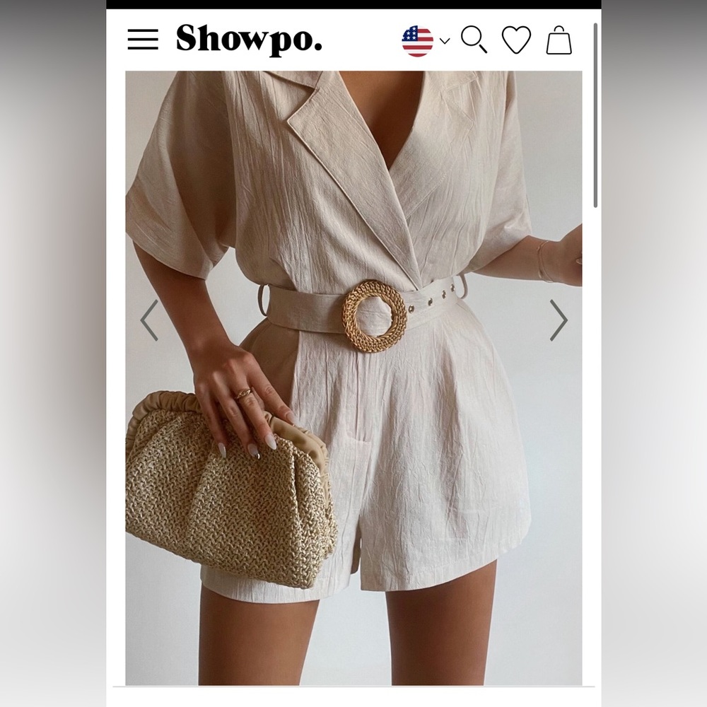 THAISA PLAYSUIT - SHORT SLEEVE COLLARED BELTED PLAYSUIT IN BISCUIT from Showpo